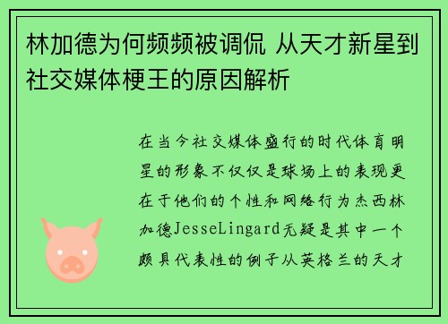 林加德为何频频被调侃 从天才新星到社交媒体梗王的原因解析